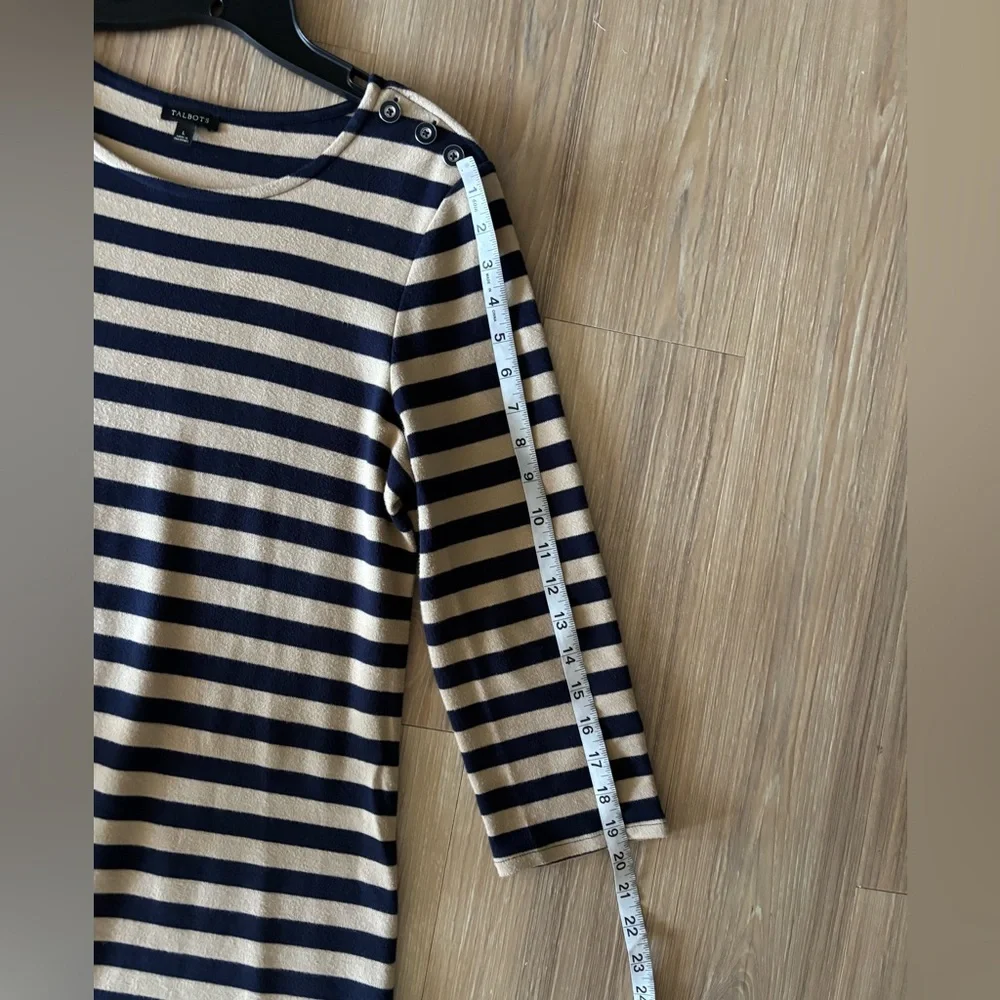 Talbots Dress Navy Tan Stripe Long Sleeve Cotton Knee Women’s L Preppy Nautical